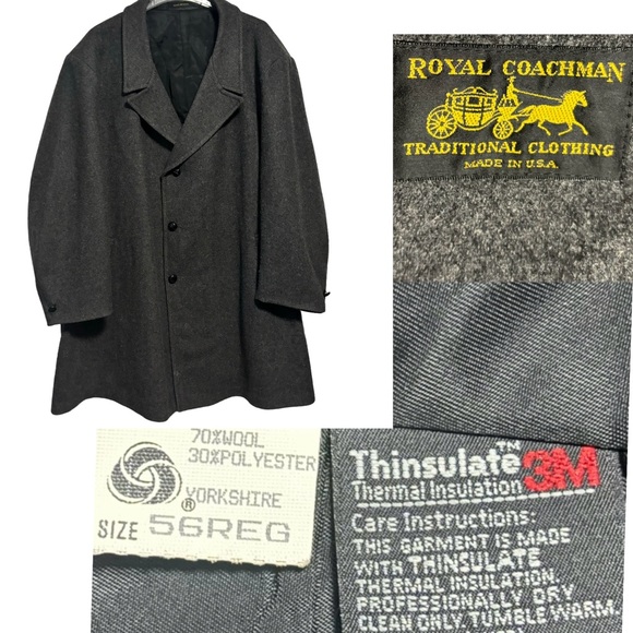 Vtg royal coachman Thinsulate 3M 3 button charcoal gray coat wool blend 56R - Picture 1 of 14